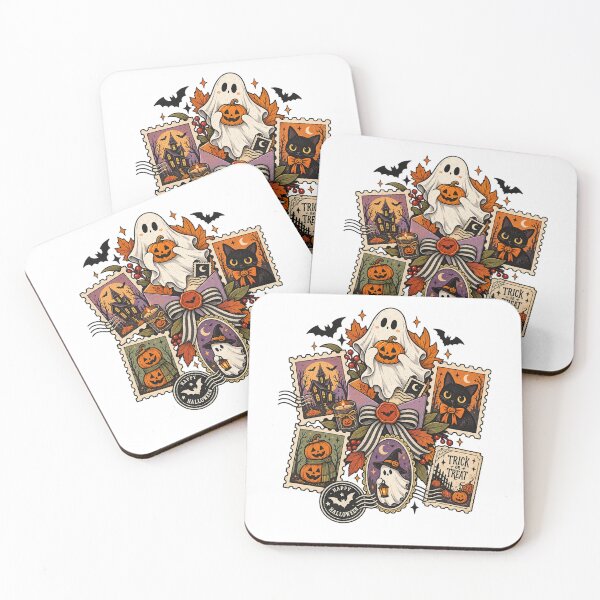 Item preview, Halloween Vintage Postage Stamp Ghost Cat Pumpkin Collage designed and sold by afr-saad.