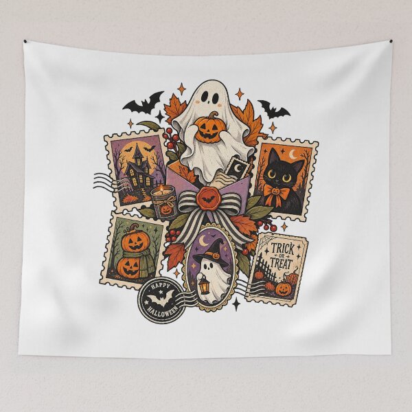 Item preview, Halloween Vintage Postage Stamp Ghost Cat Pumpkin Collage designed and sold by afr-saad.