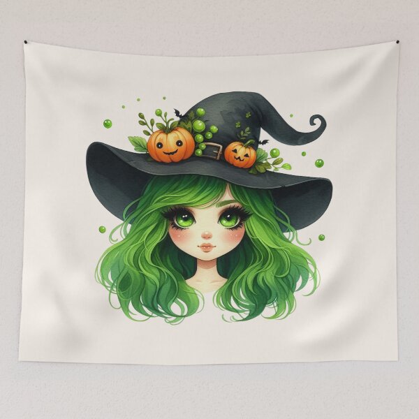 Item preview, Cute Halloween Witch Girl with Green Hair and Pumpkin Hat designed and sold by SweetLilith.