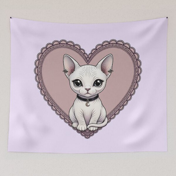 Item preview, Gothic Sphynx Cat with Moon Charm in Pink Lace Heart designed and sold by SweetLilith.