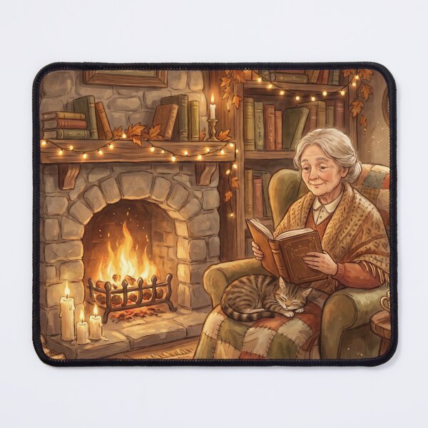 Item preview, Grandma Reading by Fireplace | Cozy Book Lover Cottagecore Art designed and sold by SebastianSpace.