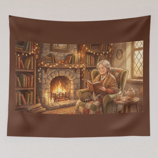 Item preview, Grandma Reading by Fireplace | Cozy Book Lover Cottagecore Art designed and sold by SebastianSpace.
