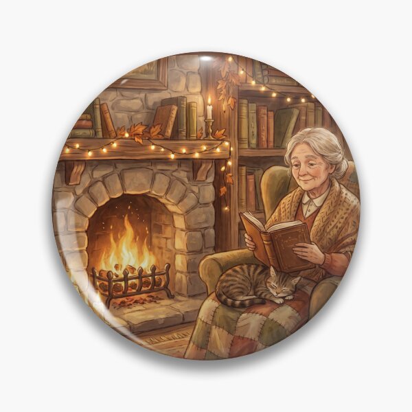 Item preview, Grandma Reading by Fireplace | Cozy Book Lover Cottagecore Art designed and sold by SebastianSpace.