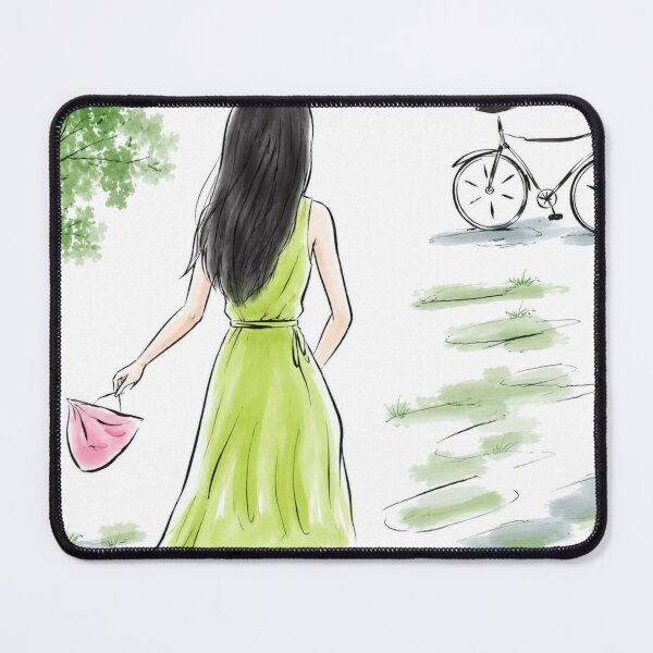 Item preview, Cute Watercolor Girl with Vintage Bicycle Summer Art designed and sold by PastelPetalsCo.