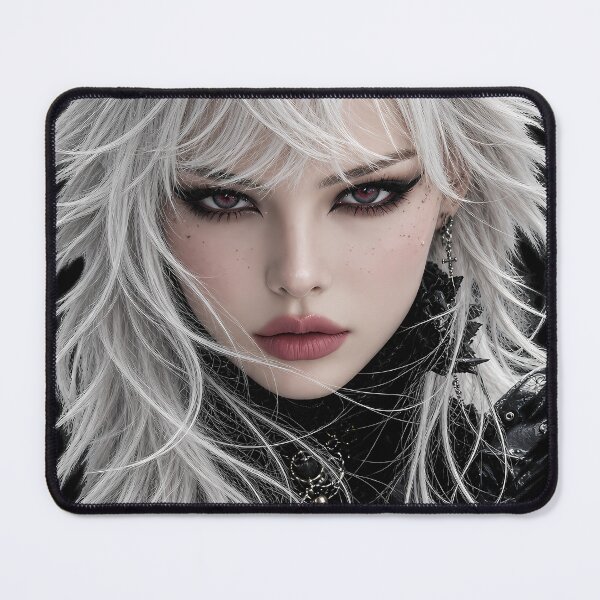Item preview, White Hair Goth Girl with Red Eyes | Dark Pin-Up for Man Cave & She Shed designed and sold by Synth Seduction.