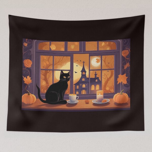 Item preview, Black Cat Autumn Window Halloween Moon Cozy Cottage designed and sold by Shiwwa.