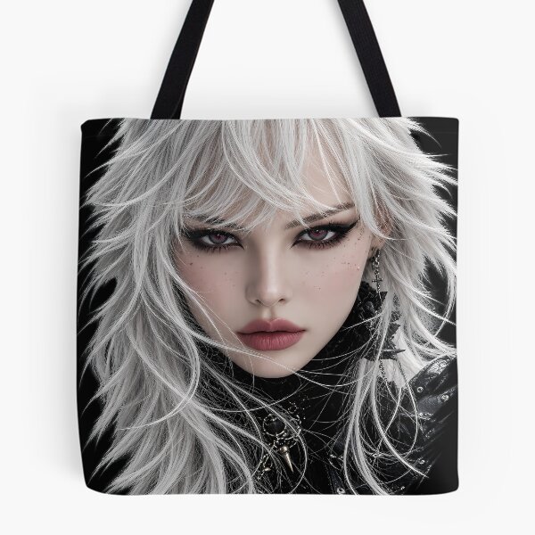 Item preview, White Hair Goth Girl with Red Eyes | Dark Pin-Up for Man Cave & She Shed designed and sold by Synth Seduction.