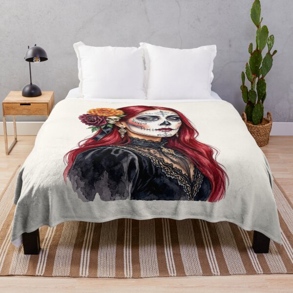 Item preview, Dia de los Muertos Sugar Skull Woman with Red Hair and Marigold Flowers designed and sold by SweetLilith.
