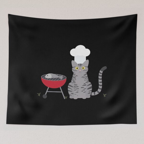 Item preview, Chef Cat Grilling Fish Cute Cartoon Art designed and sold by OlyvieArt.