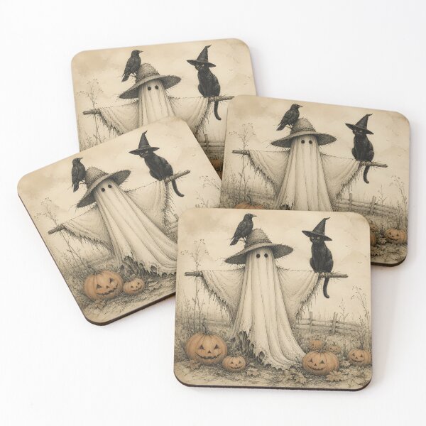 Item preview, Vintage Ghost Scarecrow Black Cat Pumpkin Pen Ink Drawing designed and sold by GrinGalore.