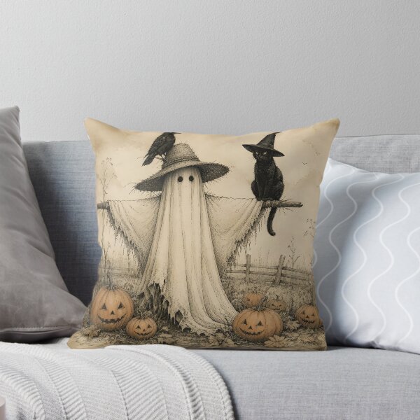Item preview, Vintage Ghost Scarecrow Black Cat Pumpkin Pen Ink Drawing designed and sold by GrinGalore.