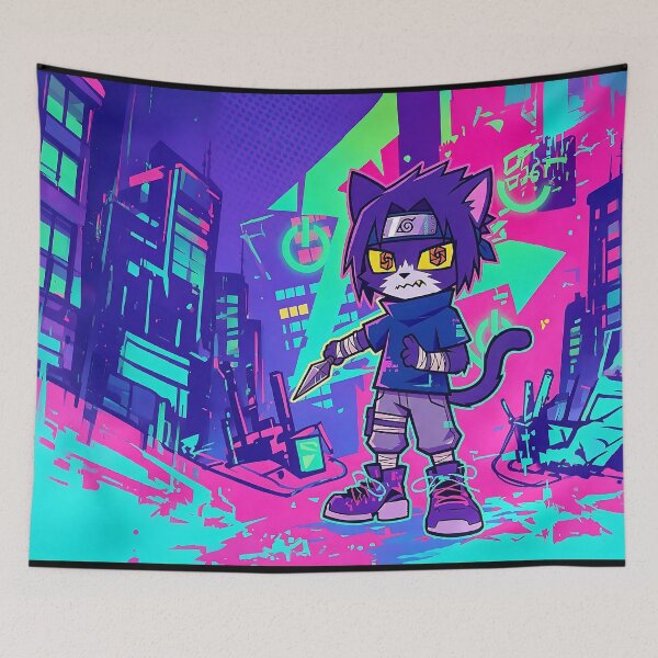Item preview, Neon Cyberpunk Ninja Cat: Urban Shinobi Black Neko designed and sold by CuteKats.