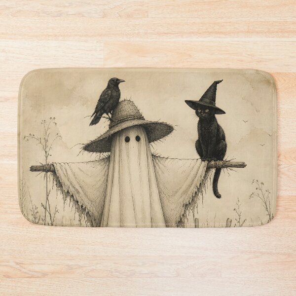 Item preview, Vintage Ghost Scarecrow Black Cat Pumpkin Pen Ink Drawing designed and sold by GrinGalore.