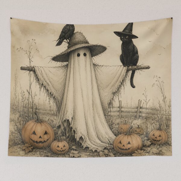Item preview, Vintage Ghost Scarecrow Black Cat Pumpkin Pen Ink Drawing designed and sold by GrinGalore.