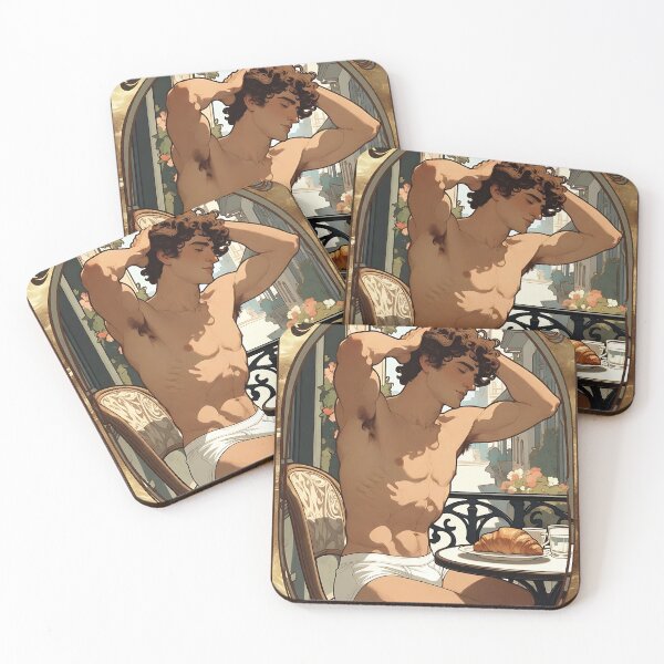 Item preview, Art Nouveau Muscular Man Café Croissant Morning Art designed and sold by ZhivanCrimson.