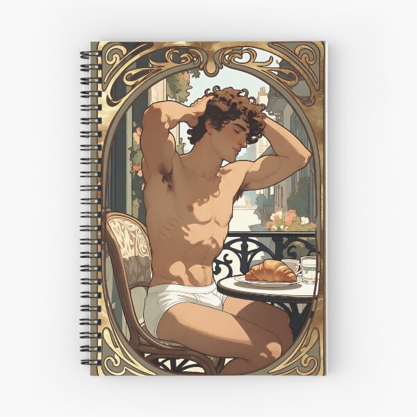 Item preview, Art Nouveau Muscular Man Café Croissant Morning Art designed and sold by ZhivanCrimson.