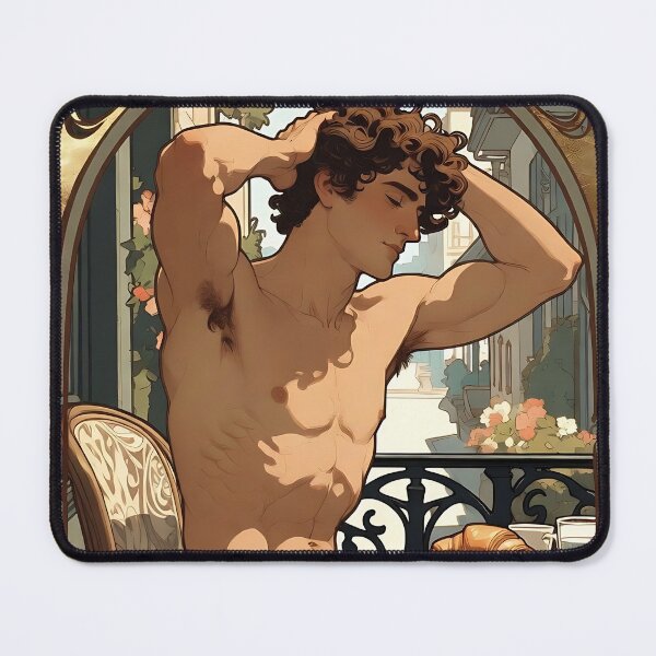 Item preview, Art Nouveau Muscular Man Café Croissant Morning Art designed and sold by ZhivanCrimson.