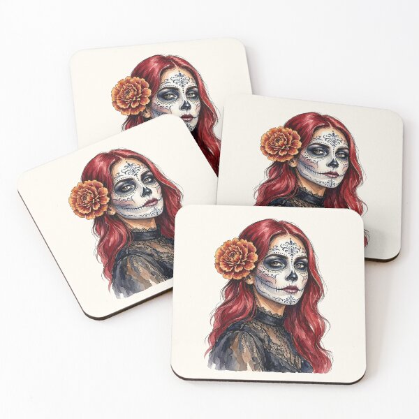 Item preview, Dia de los Muertos Sugar Skull Woman with Red Hair and Marigold Flower designed and sold by SweetLilith.