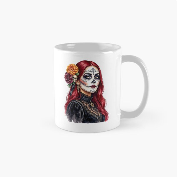 Item preview, Dia de los Muertos Sugar Skull Woman with Red Hair and Marigold Flowers designed and sold by SweetLilith.