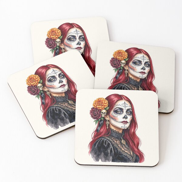 Item preview, Dia de los Muertos Sugar Skull Woman with Red Hair and Marigold Flowers designed and sold by SweetLilith.