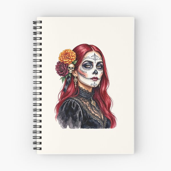 Item preview, Dia de los Muertos Sugar Skull Woman with Red Hair and Marigold Flowers designed and sold by SweetLilith.