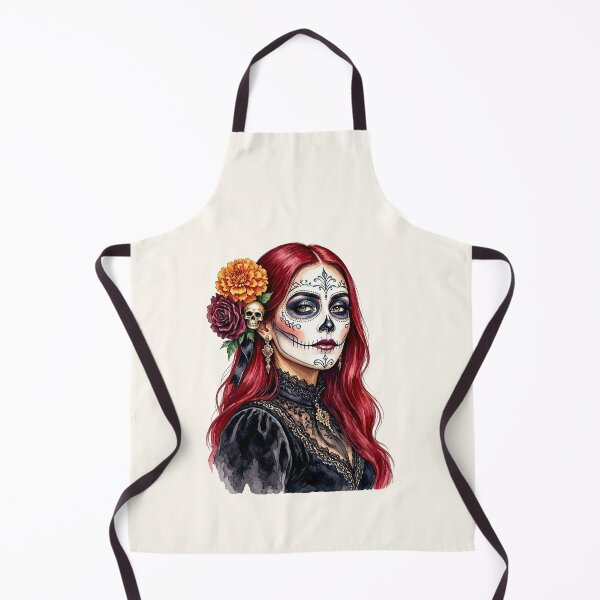 Item preview, Dia de los Muertos Sugar Skull Woman with Red Hair and Marigold Flowers designed and sold by SweetLilith.
