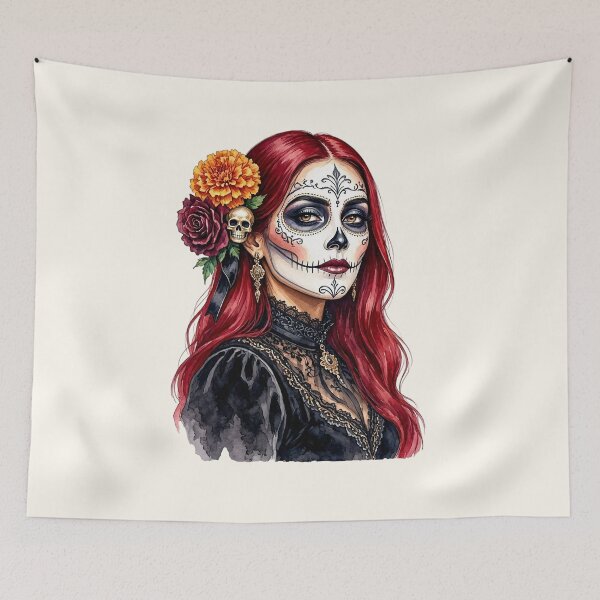 Item preview, Dia de los Muertos Sugar Skull Woman with Red Hair and Marigold Flowers designed and sold by SweetLilith.