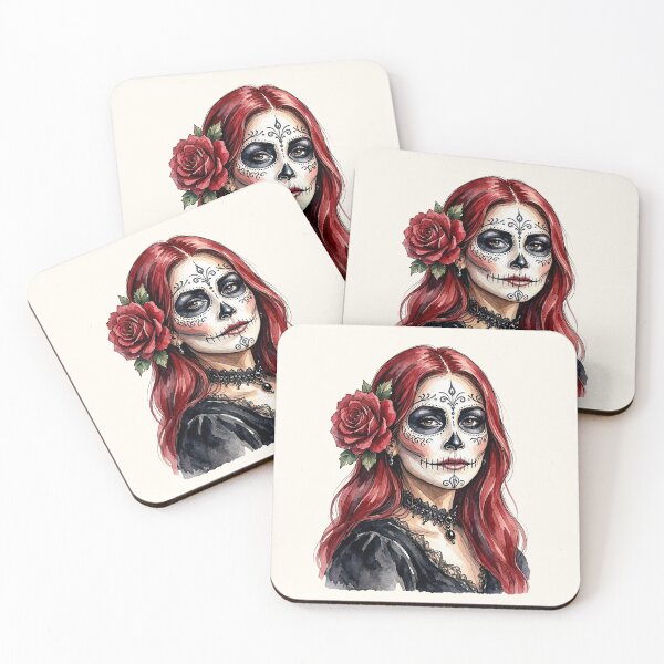 Item preview, Dia de los Muertos Sugar Skull Woman with Red Hair and Rose Flower designed and sold by SweetLilith.