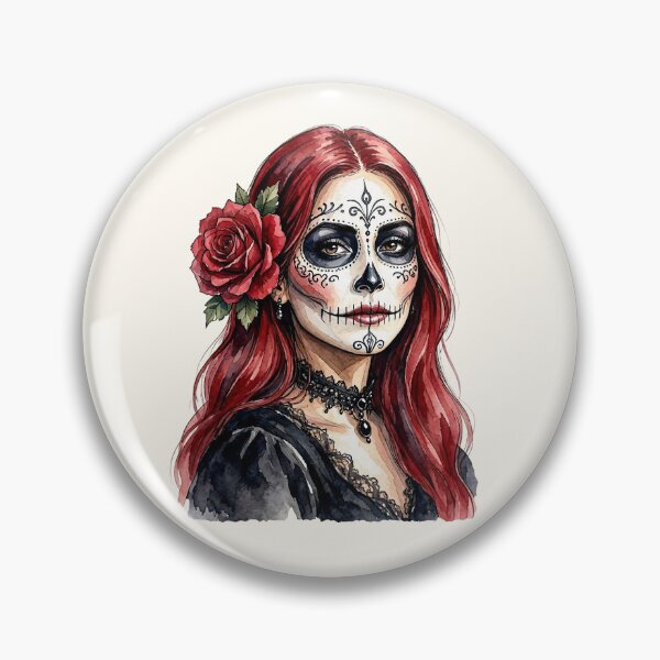 Item preview, Dia de los Muertos Sugar Skull Woman with Red Hair and Rose Flower designed and sold by SweetLilith.