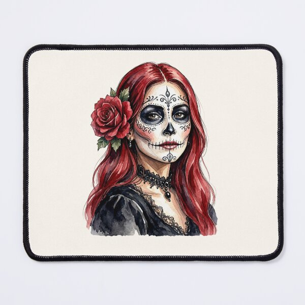 Item preview, Dia de los Muertos Sugar Skull Woman with Red Hair and Rose Flower designed and sold by SweetLilith.