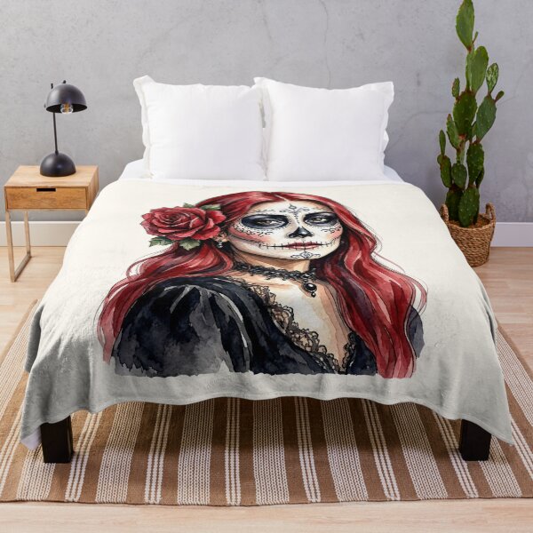 Item preview, Dia de los Muertos Sugar Skull Woman with Red Hair and Rose Flower designed and sold by SweetLilith.