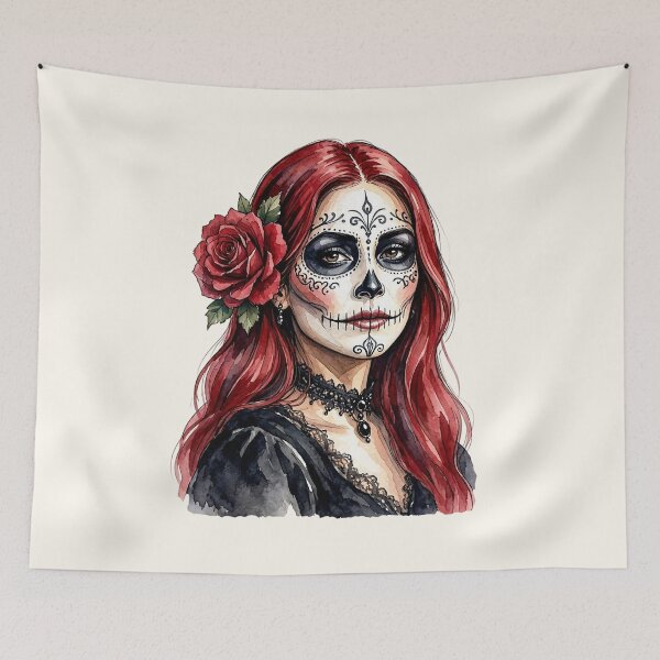 Item preview, Dia de los Muertos Sugar Skull Woman with Red Hair and Rose Flower designed and sold by SweetLilith.