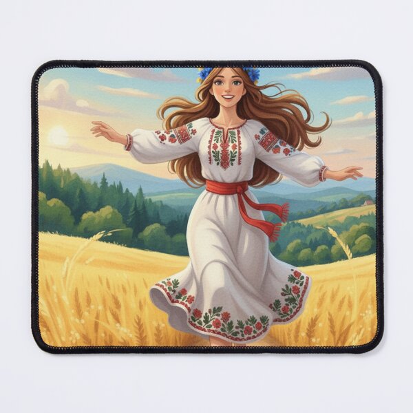 Item preview, Ukrainian Girl Running Through Wheat Field Traditional Vyshyvanka Art designed and sold by ElenMart.