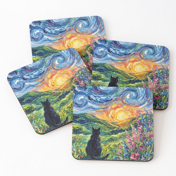 Item preview, Black Cat Starry Night Meadow Art designed and sold by glenhiggins.