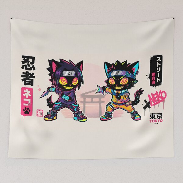 Item preview, Neon Cyberpunk Black Shinobi Cats: Glitch Ninja Duo designed and sold by CuteKats.
