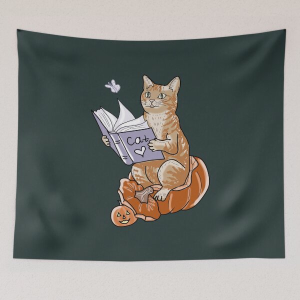 Item preview, Whimsical Cat Halloween Pumpkin Illustration Reading Book  designed and sold by LeshanArt.