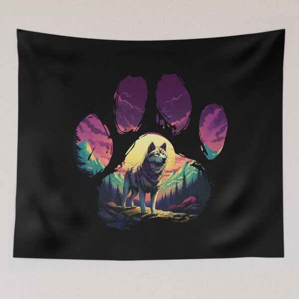 Item preview, Funny Husky Paw Synthwave Mountain Tree Mom Dad Kids designed and sold by rafaeltto.
