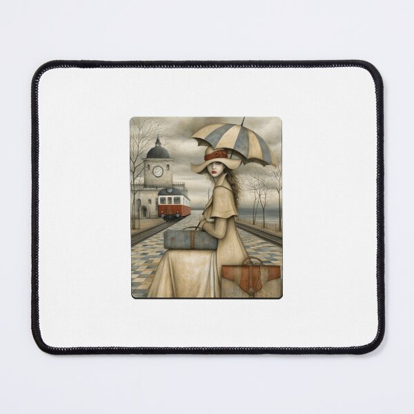 Item preview, Vintage Woman at Rainy Train Station with Umbrella designed and sold by Brandady.