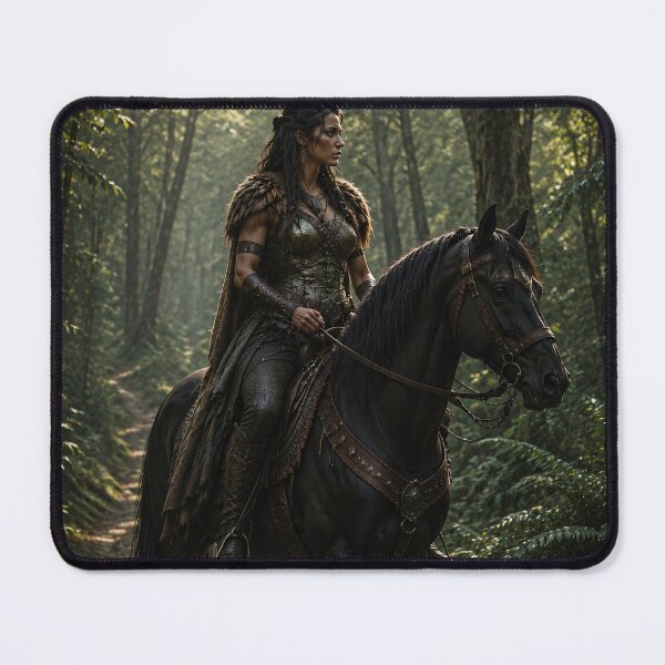 Item preview, Epic Fantasy Amazon Warrior on Horseback in a Dark Forest designed and sold by Vaelia.