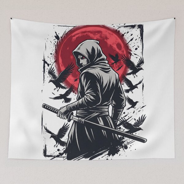 Item preview, Dark Samurai Warrior with Red Moon and Ravens – Japanese Warrior Streetwear designed and sold by StickerNestYou.