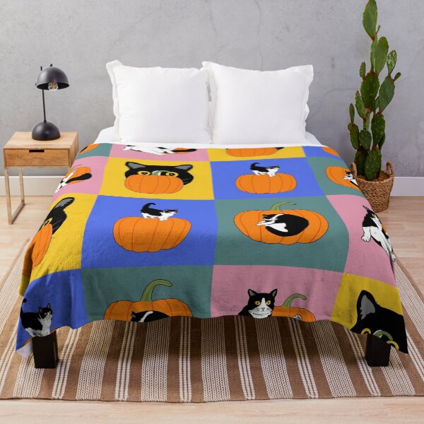 Item preview, Tuxedo cat Halloween pumpkin throw designed and sold by BritishDelights.