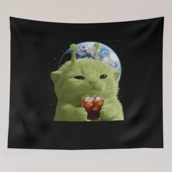 Item preview, Alien Cat Drinking Soda in Space – Cosmic Cat Meme designed and sold by korymorsevv.