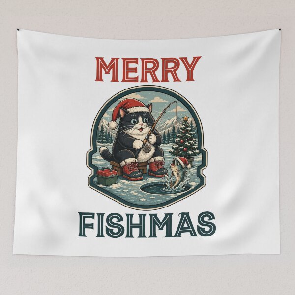 Item preview, Merry Fishmas - Funny Christmas Cat Ice Fishing designed and sold by Trendvia .