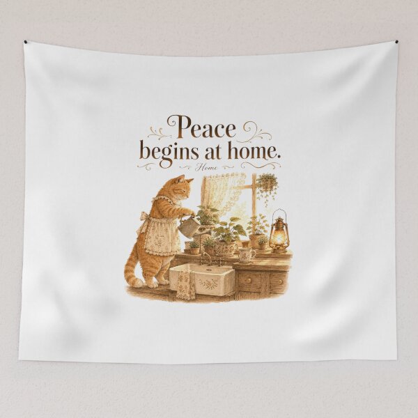 Item preview, Peace Begins At Home Vintage Cat Cozy Kitchen Aesthetic designed and sold by AQUILAKREO.