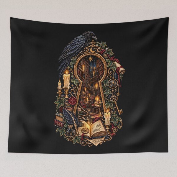 Item preview, Dark Academia Gothic Library Keyhole Embroidered Raven & Candle Art designed and sold by Emoji Emblems.