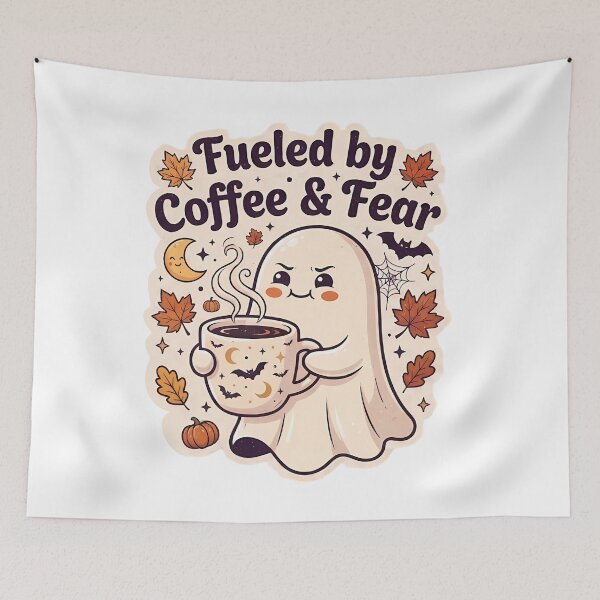 Item preview, Fueled by Coffee and Fear - Cute Spooky Ghost Coffee Lover Sticker designed and sold by Lu7u.