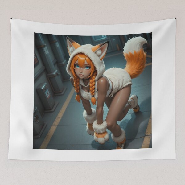 Item preview, Orange Fox Girl in Furry Outfit Inside a Sci-Fi Corridor designed and sold by Killington.