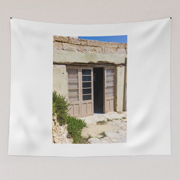 Item preview, Old Wooden Doors and Stone Building Rustic Mediterranean Entrance With Sunlit Weathered Facade designed and sold by Nmallia.