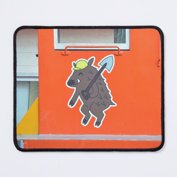 Item preview, Japanese Cartoon Boar Mascot on Orange Work Train designed and sold by MiraNadaPrints.