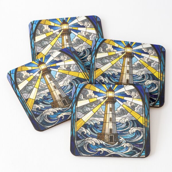 Item preview, Lighthouse Stained Glass Ocean Beacon Window designed and sold by pinkal.
